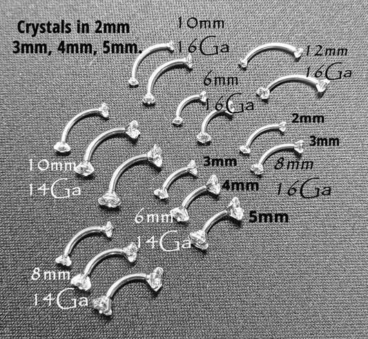 Curved bar with 2mm 3mm 4mm 5mm Round prong set Crystal DOUBLE END 16ga or 14ga, 6mm 8mm 10mm 12mm