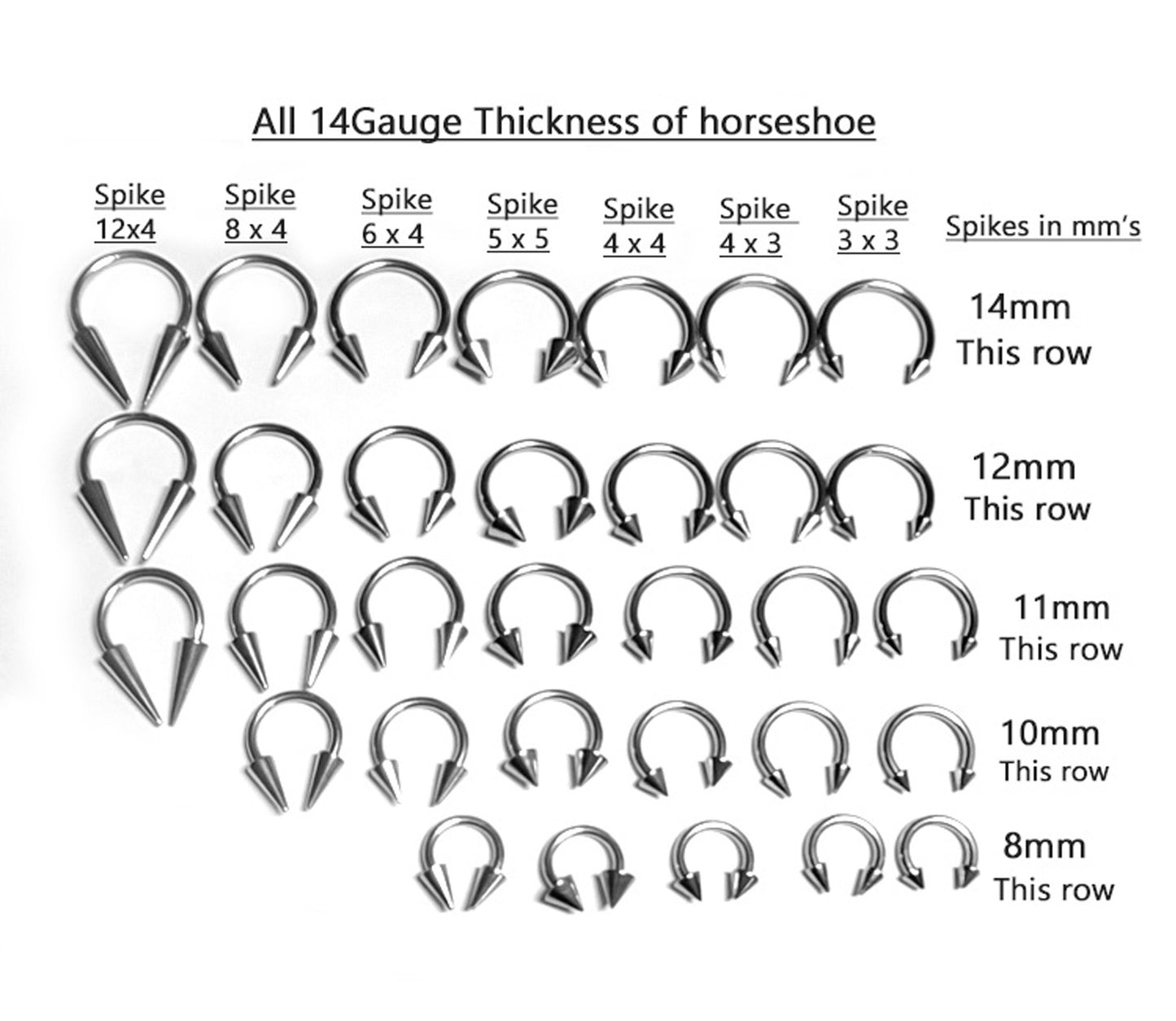 Horseshoe Bar with Spikes316L Surgical Steel 14ga 16ga 18ga 6mm to 16mm