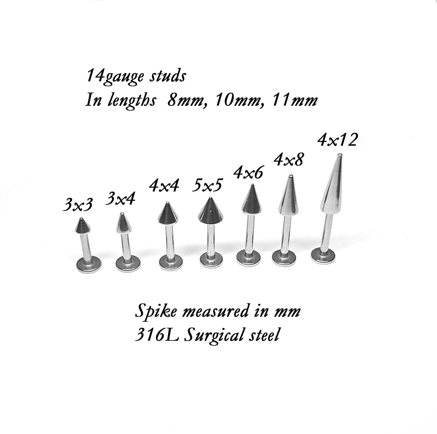 Flat backed Stud with spike 14ga, 16ga, 18ga, externally threaded, 6mm, 8mm, 10mm, 1mm, 12mm