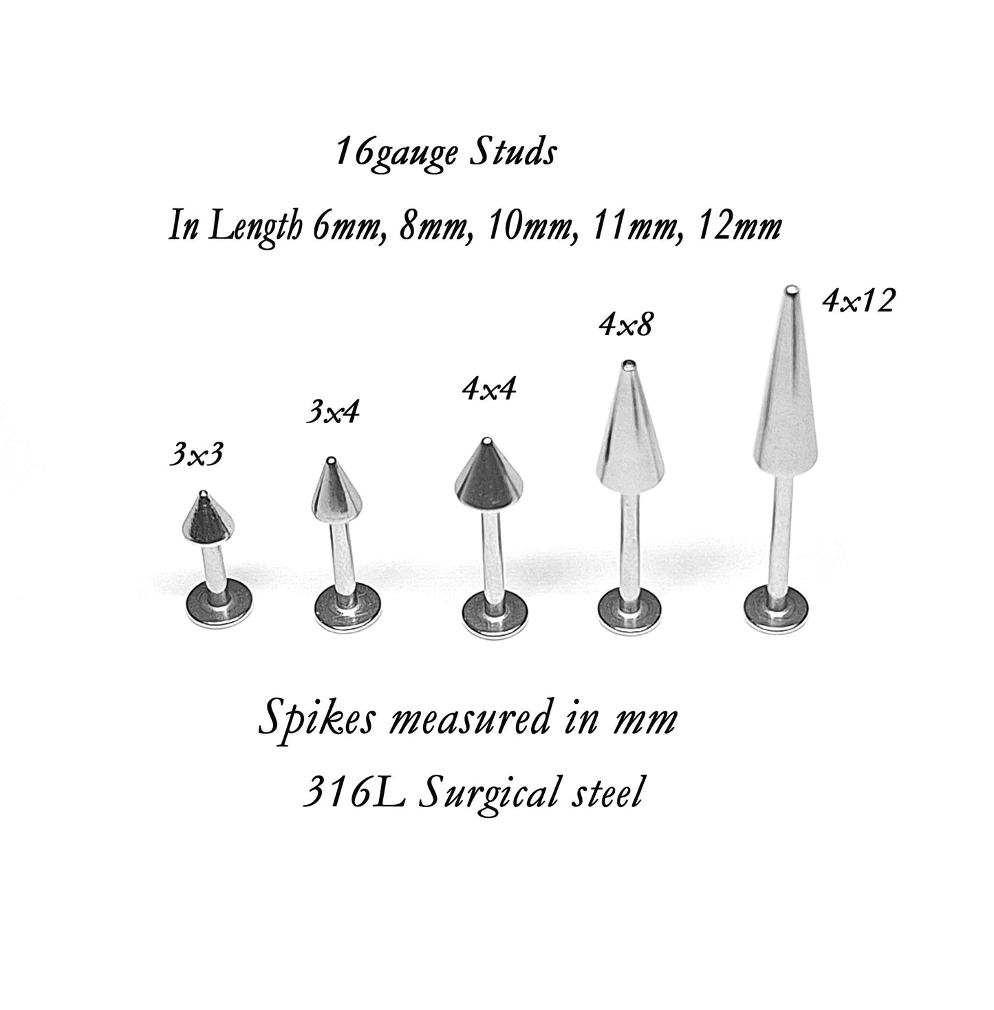 Flat backed Stud with spike 14ga, 16ga, 18ga, externally threaded, 6mm, 8mm, 10mm, 1mm, 12mm