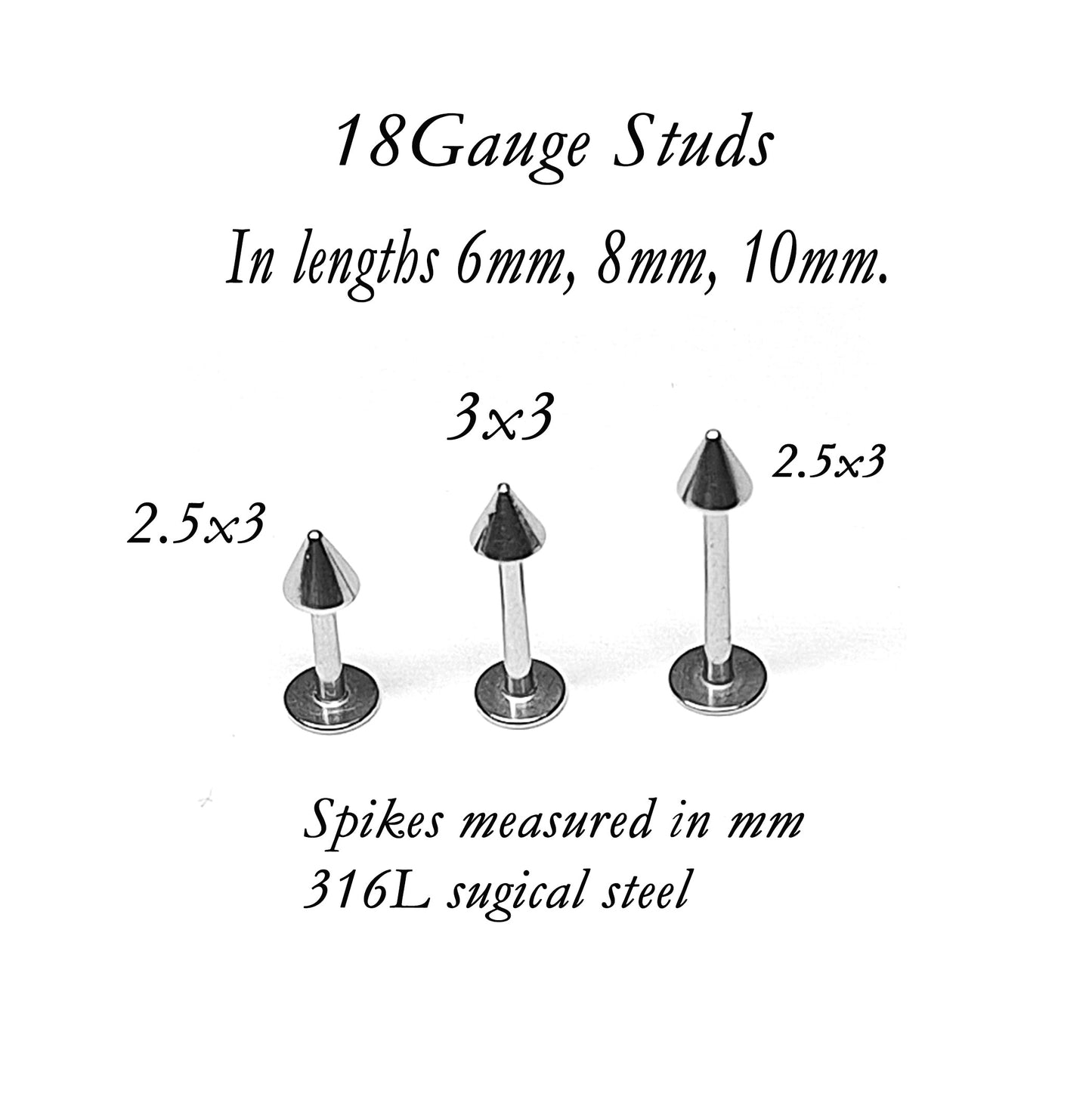 Flat backed Stud with spike 14ga, 16ga, 18ga, externally threaded, 6mm, 8mm, 10mm, 1mm, 12mm