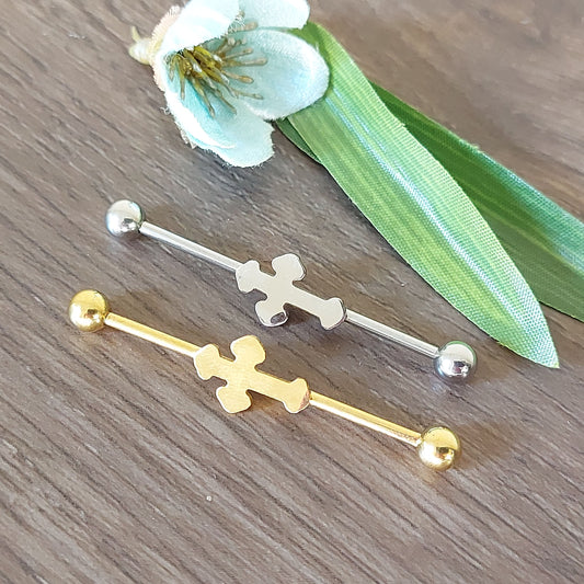 Ancient Cross Industrial Piercing Bar – 38mm, 14 Gauge – 316L Surgical Steel Plate Gold PVD