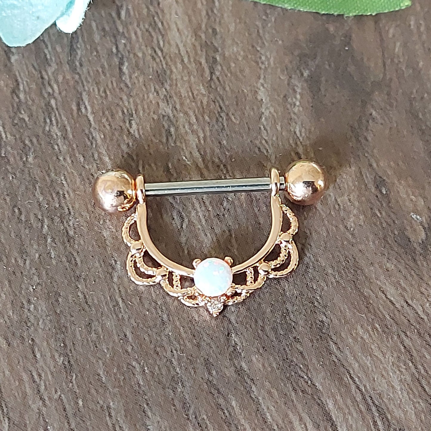 Exquisite 14kt gold, Rose Gold, Rhodium plated Nipple bar, Filligree and Opal Horseshoe nipple clicker, 14Gauge, 16mm barbell