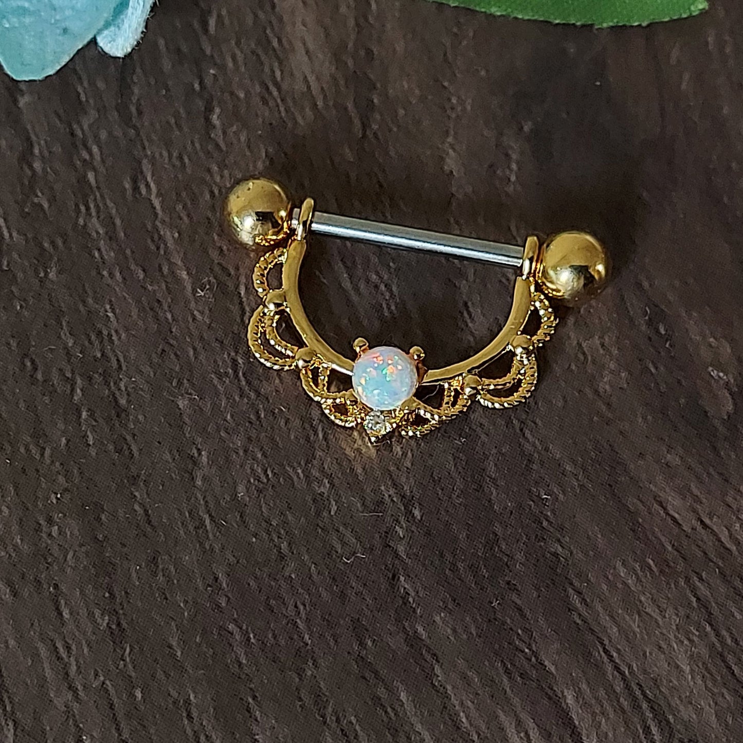 Exquisite 14kt gold, Rose Gold, Rhodium plated Nipple bar, Filligree and Opal Horseshoe nipple clicker, 14Gauge, 16mm barbell