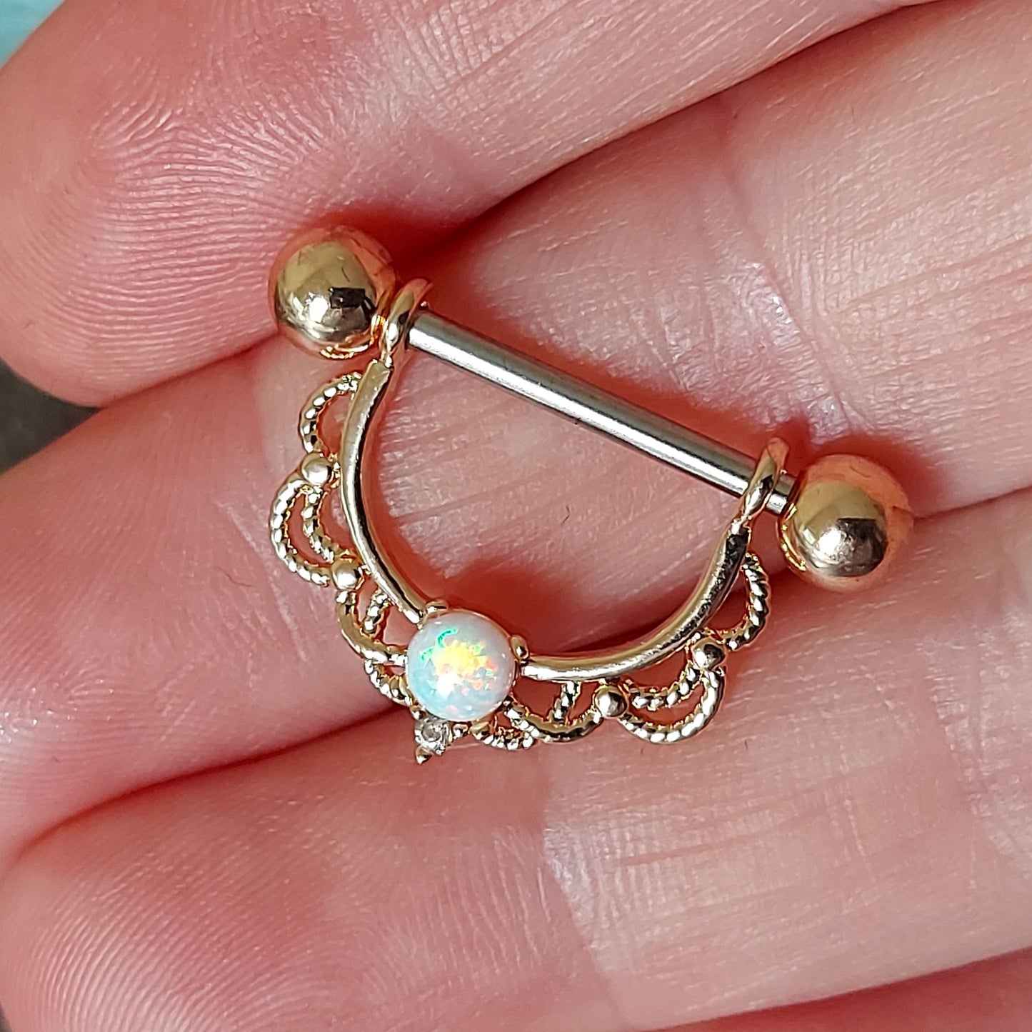 Exquisite 14kt gold, Rose Gold, Rhodium plated Nipple bar, Filligree and Opal Horseshoe nipple clicker, 14Gauge, 16mm barbell