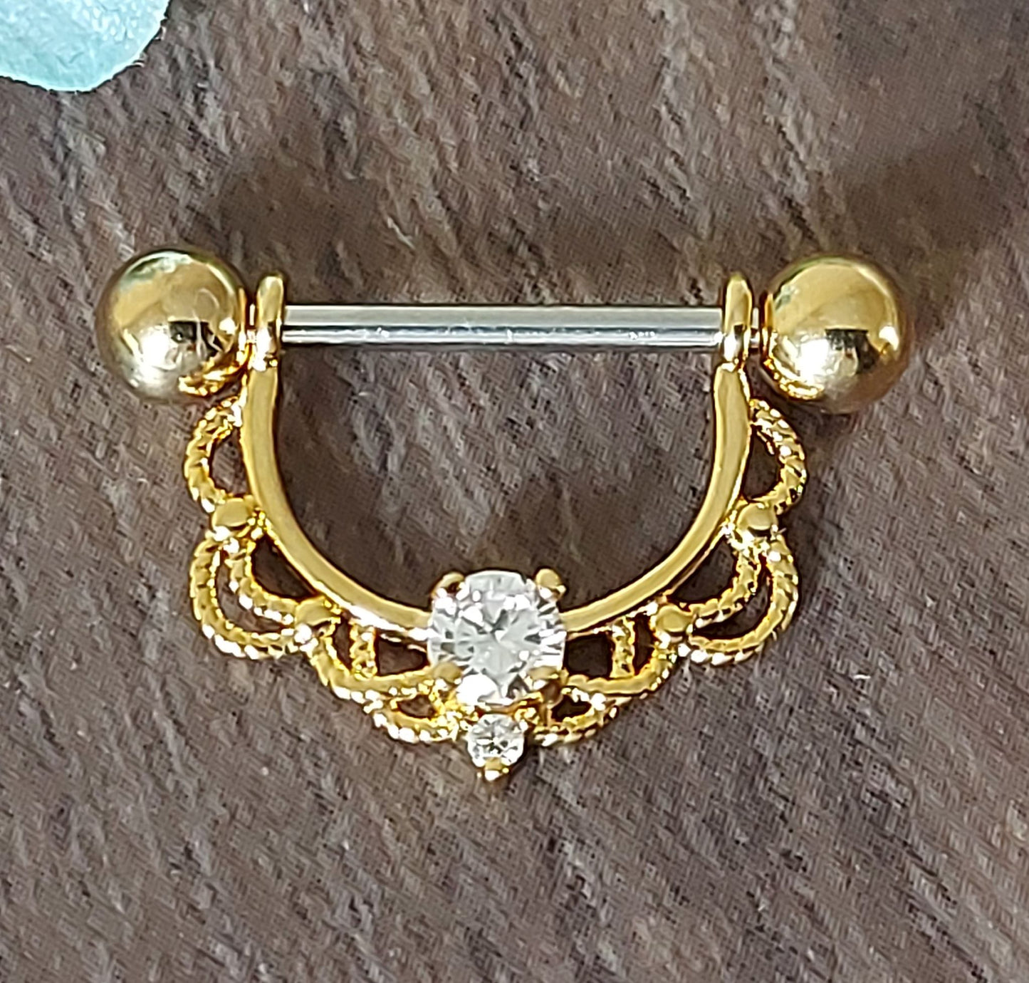 Exquisite 14kt gold, Rose Gold, Rhodium plated Nipple bar, Filligree and Crystal Horseshoe nipple clicker, 14Gauge, 16mm barbell