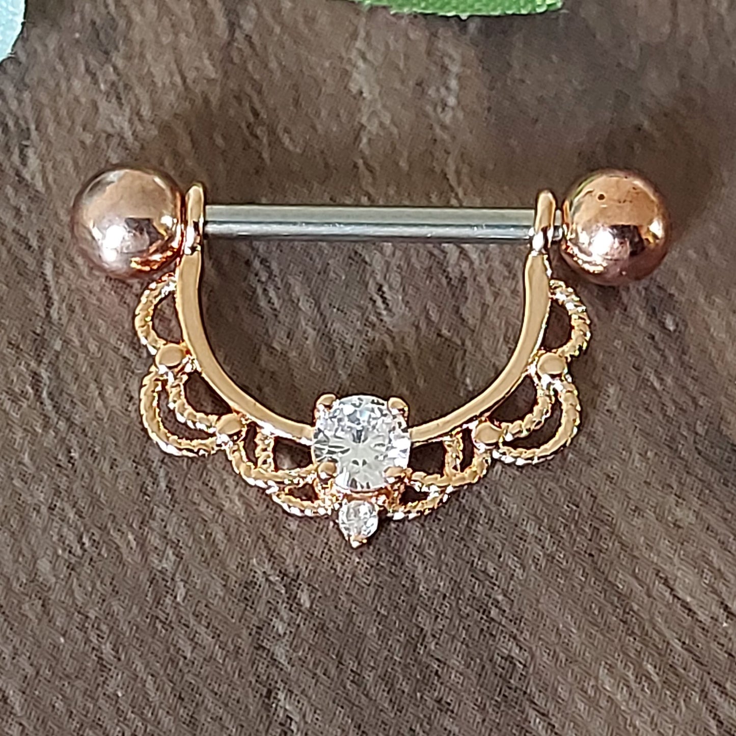 Exquisite 14kt gold, Rose Gold, Rhodium plated Nipple bar, Filligree and Crystal Horseshoe nipple clicker, 14Gauge, 16mm barbell