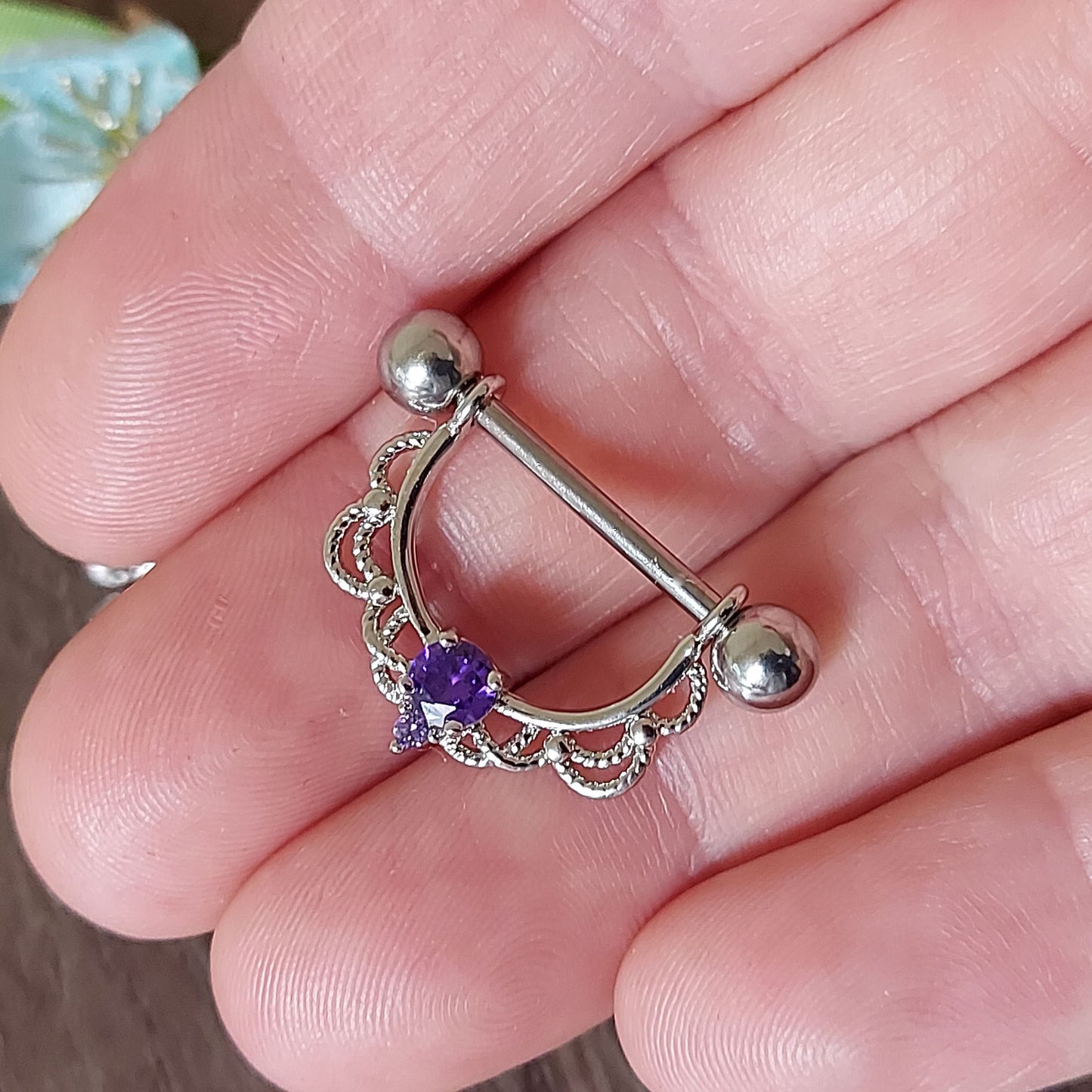 Exquisite Rhodium plated Nipple bar, Filligree and Clear, Blue, Purple Crystal Horseshoe nipple clicker, 14Gauge, 16mm barbell