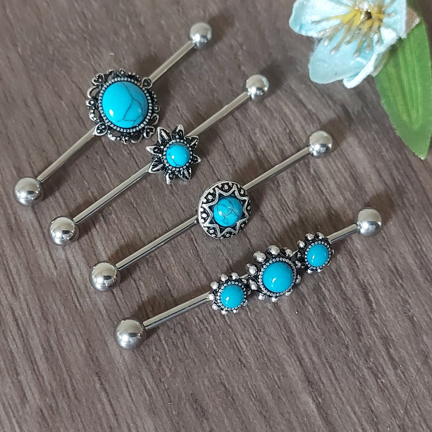 Industrial Piercing Semi precious stone Turquoise antique Gold look 316L Surgical Steel 32mm 35mm 38mm