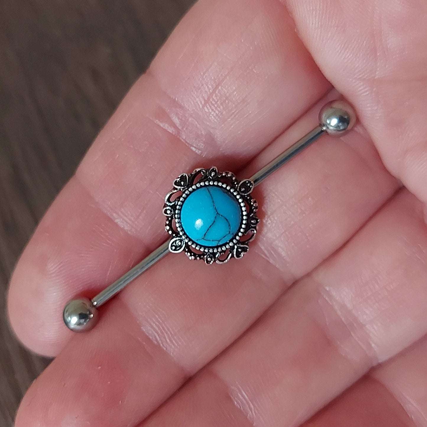 Industrial Piercing Semi precious stone Turquoise antique Gold look 316L Surgical Steel 32mm 35mm 38mm