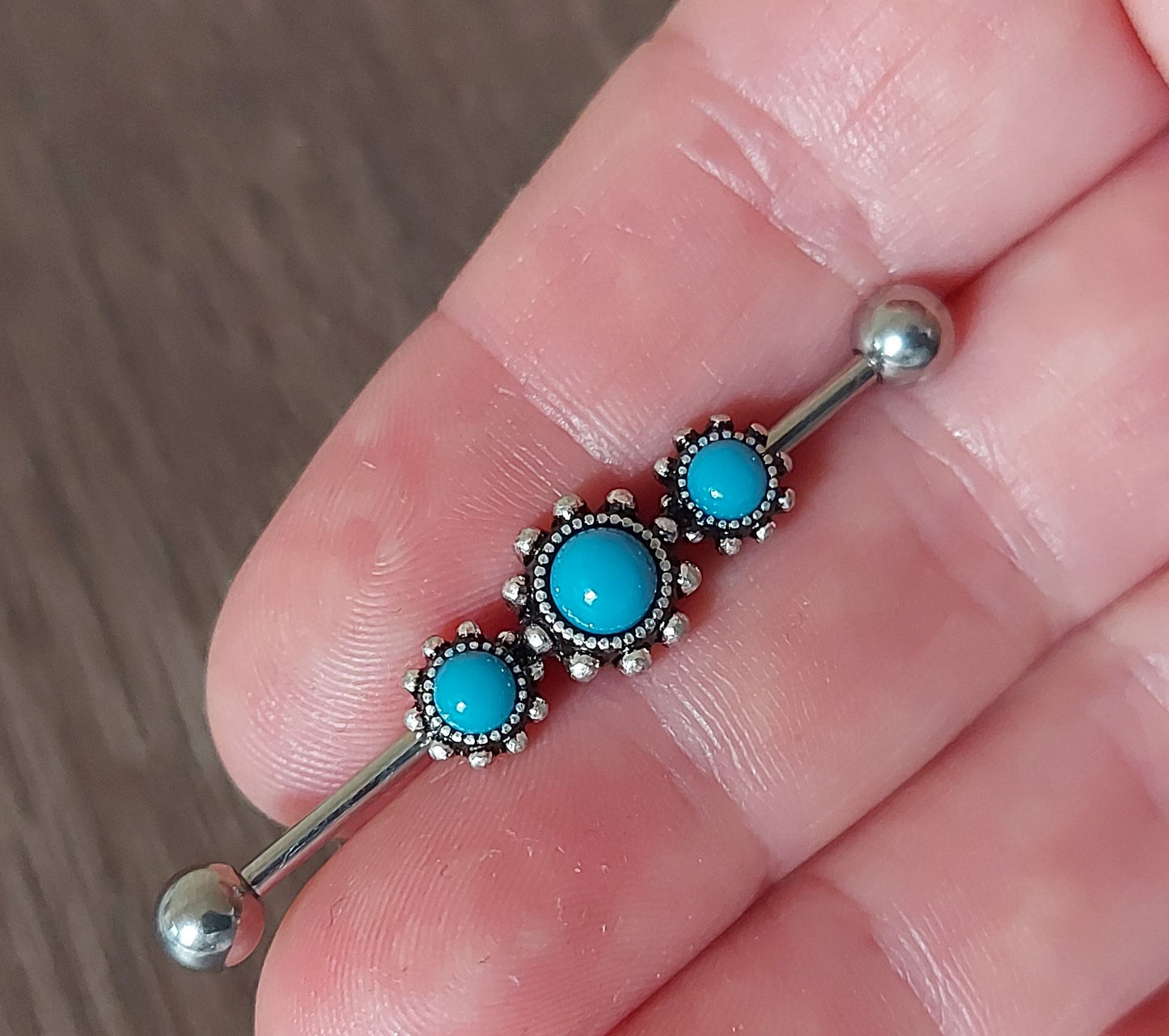 Industrial Piercing Semi precious stone Turquoise antique Gold look 316L Surgical Steel 32mm 35mm 38mm