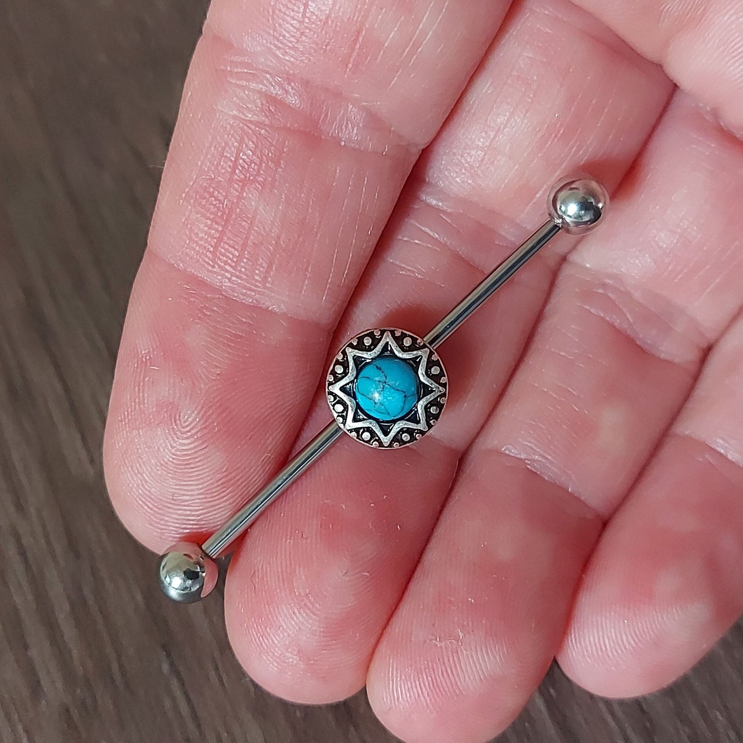 Industrial Piercing Semi precious stone Turquoise antique Gold look 316L Surgical Steel 32mm 35mm 38mm