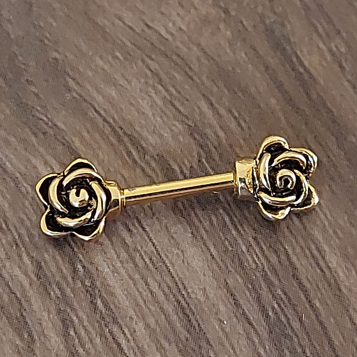 Rose flower nipple barbell, 10mm 14Ga Gold Ion Plated. 316L Surgical Steel, brass,