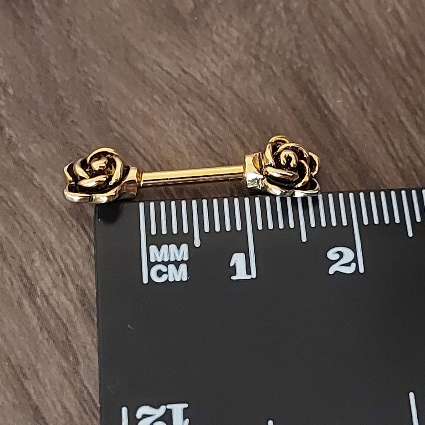 Rose flower nipple barbell, 10mm 14Ga Gold Ion Plated. 316L Surgical Steel, brass,