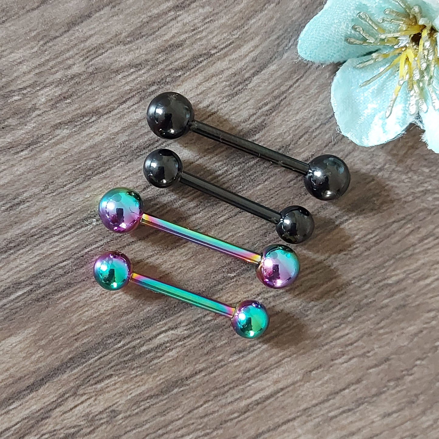 Barbell, (Pack of 2) Nipple, Tongue, bridge bar, 14Ga, 16mm 316L Surgical Steel. Black or Rainbow Ion Plated