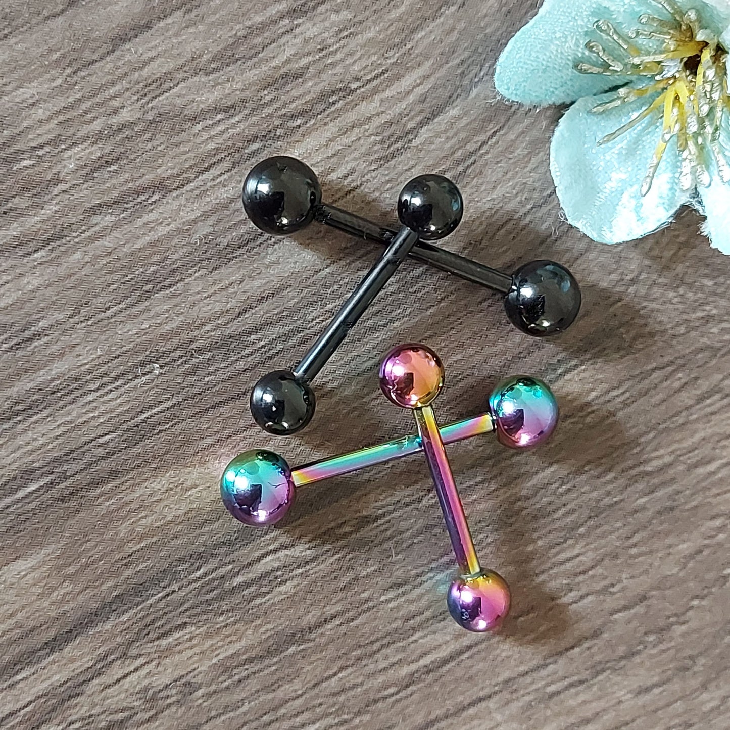 Barbell, (Pack of 2) Nipple, Tongue, bridge bar, 14Ga, 16mm 316L Surgical Steel. Black or Rainbow Ion Plated