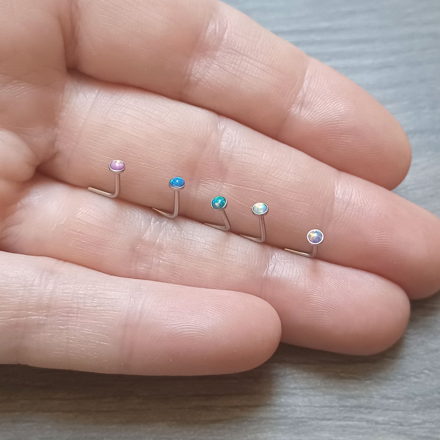 Super Tiny 2mm Opal L Nose Shaped Stud 20Ga, Purple, White, Pink, Green, Blue, 316L Surgical Steel