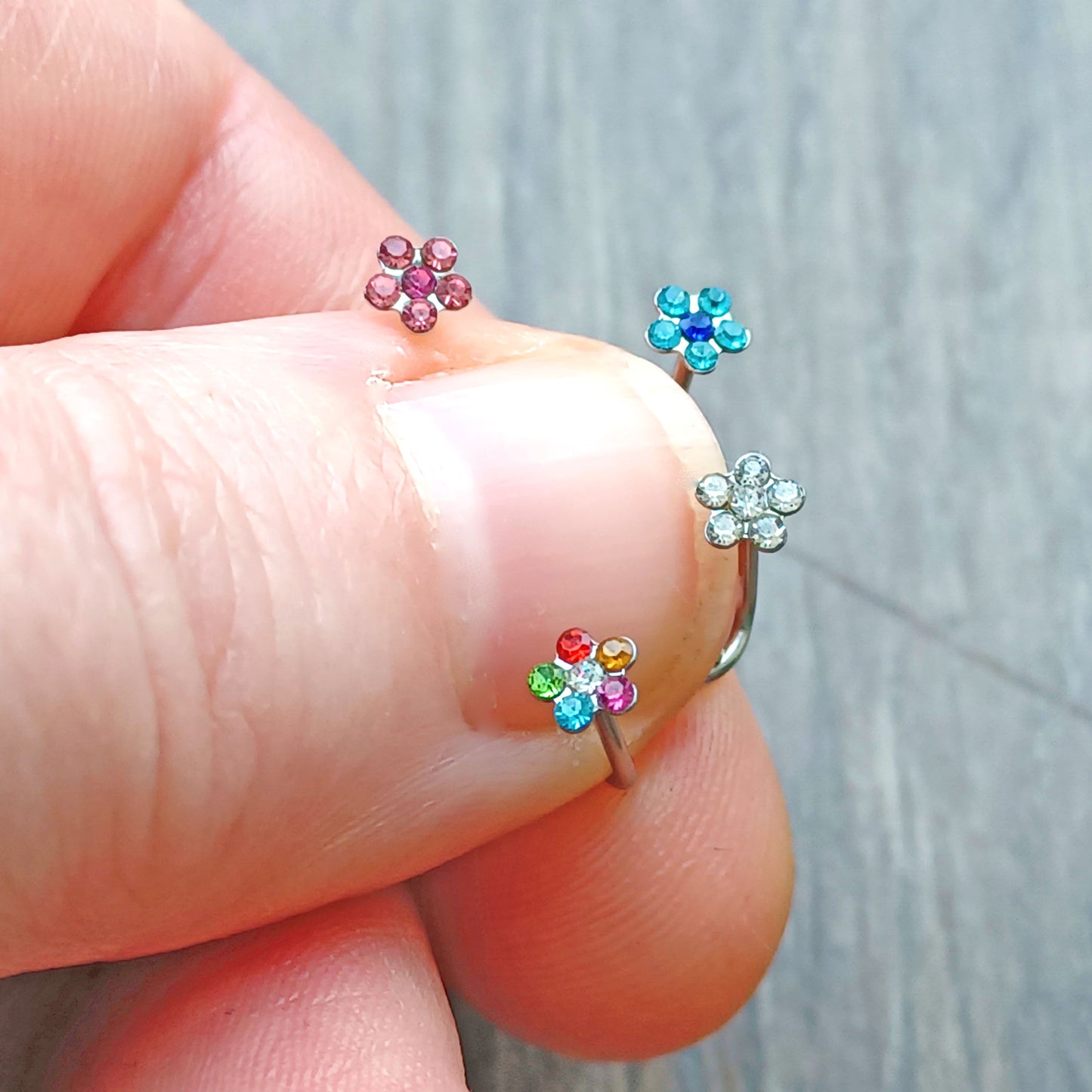 Flower Nose Screw Stud 20Ga Crystal top, Pink, Blue, Clear, Multi coloured. 316L Surgical Steel