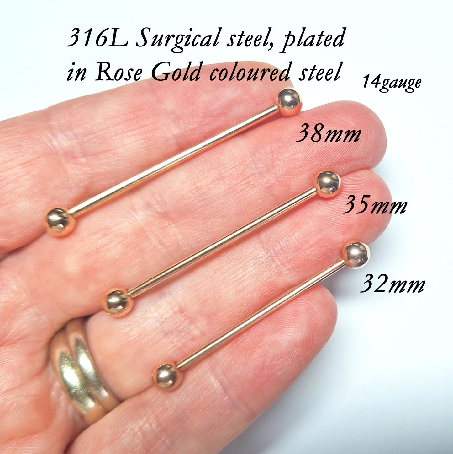 Industrial piercing bar, Straight 32mm, 35mm, 38mm PVD Rose Gold Plating