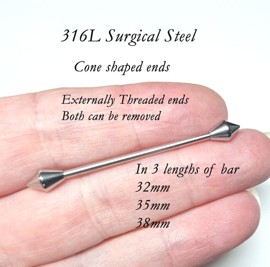 Cone Industrial Piercing Bar – 32mm, 35mm, 38mm, 14 Gauge – 316L Surgical Steel