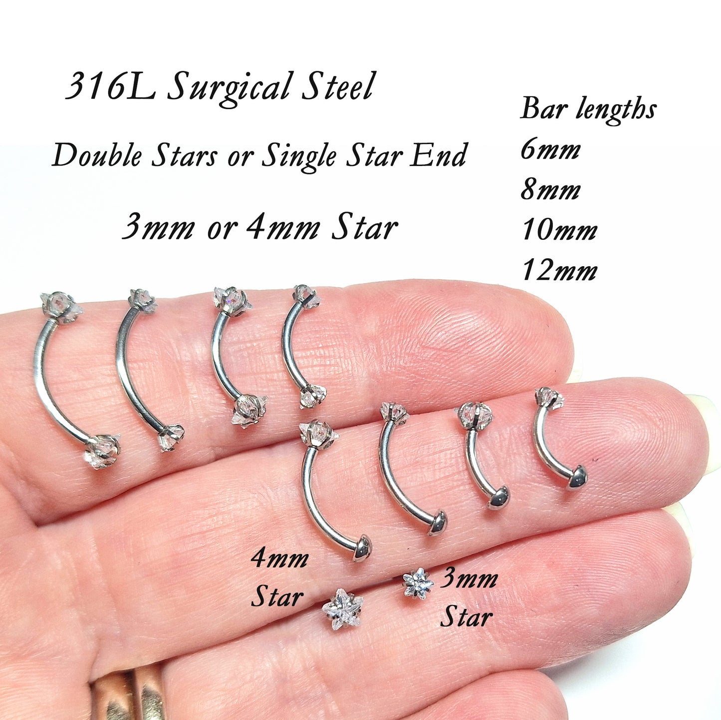 Curved bar with 3mm or 4mm Star Crystal both ends or single end - 16gauge, 6mm, 8mm, 10mm, 12mm