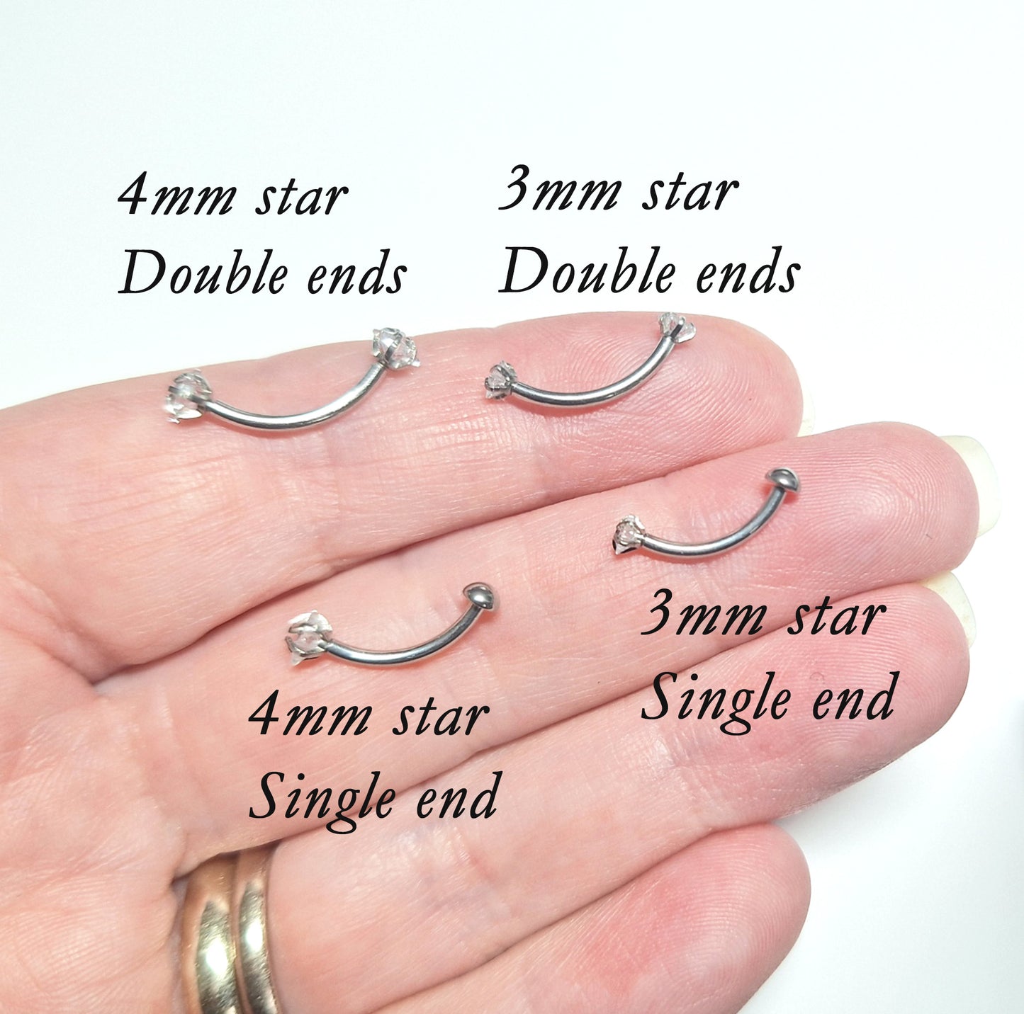 Curved bar with 3mm or 4mm Star Crystal both ends or single end - 16gauge, 6mm, 8mm, 10mm, 12mm