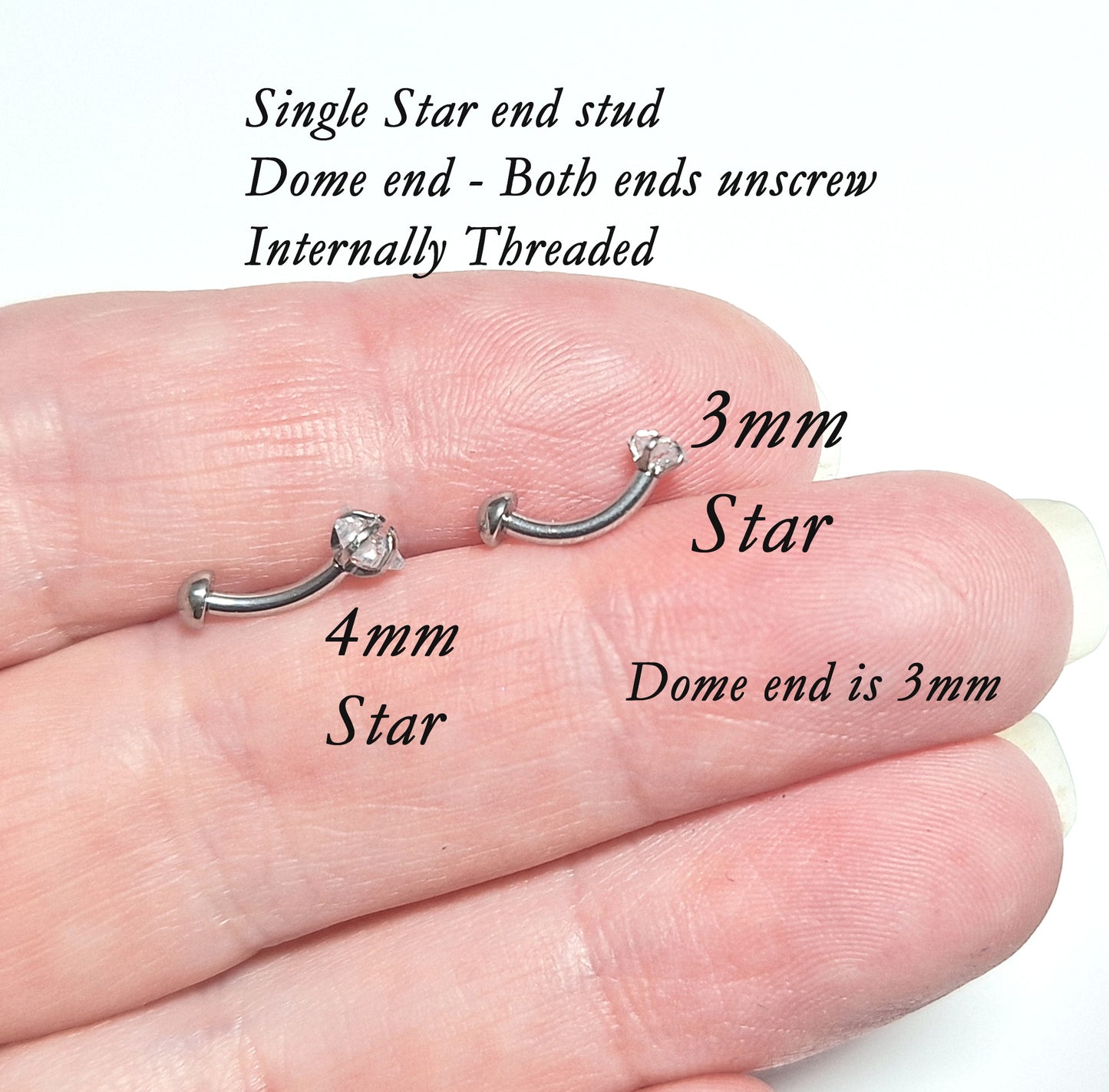 Curved bar with 3mm or 4mm Star Crystal both ends or single end - 16gauge, 6mm, 8mm, 10mm, 12mm