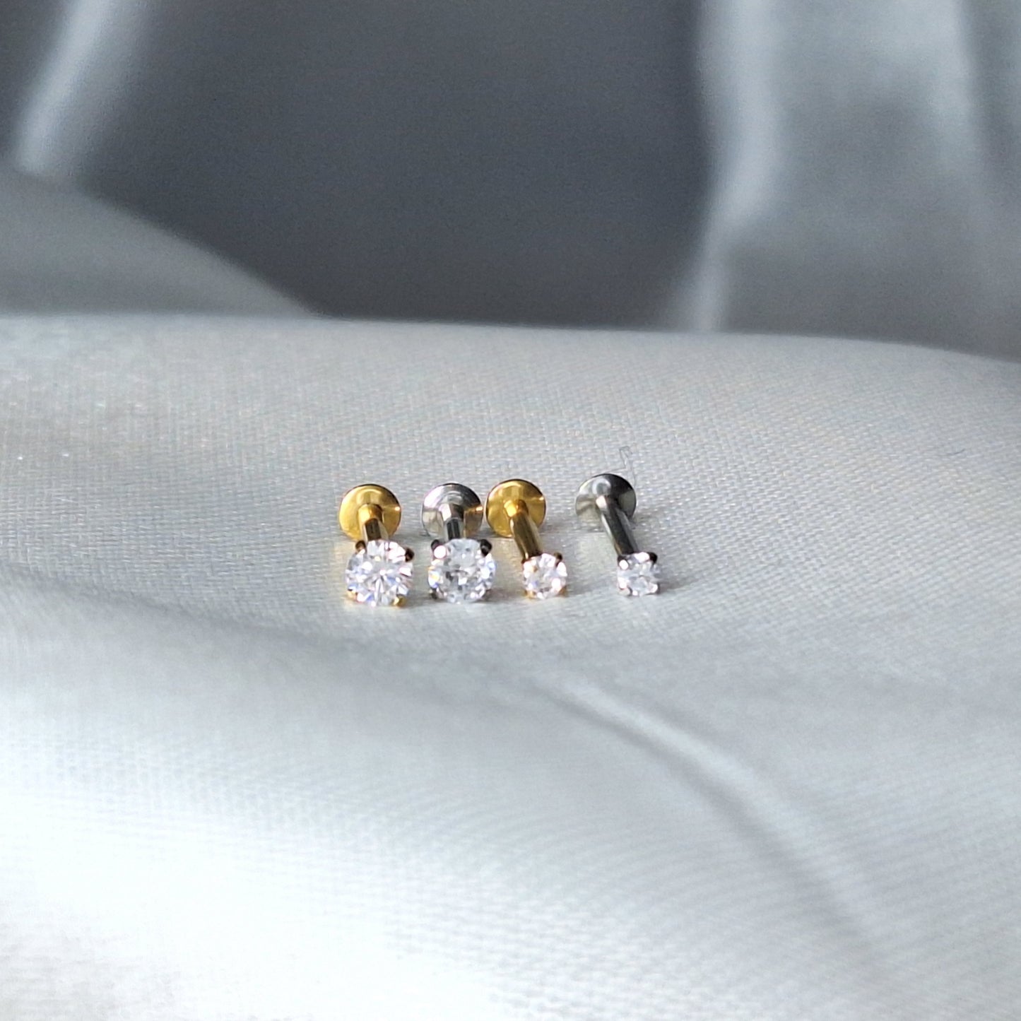 Tiny 2mm or 3mm round Crystal flat backed Labret stud Internally threaded- In 316L Surgical Steel, Gold, Rose Gold.