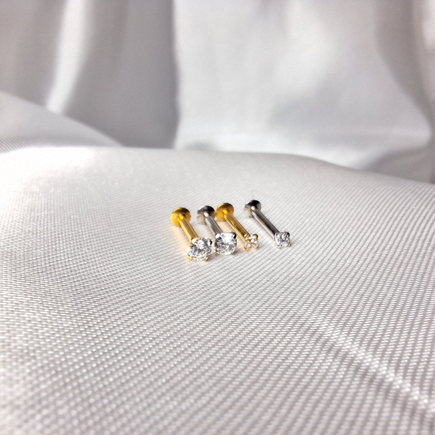 Tiny 2mm or 3mm round Crystal flat backed Labret stud Internally threaded- In 316L Surgical Steel, Gold, Rose Gold.