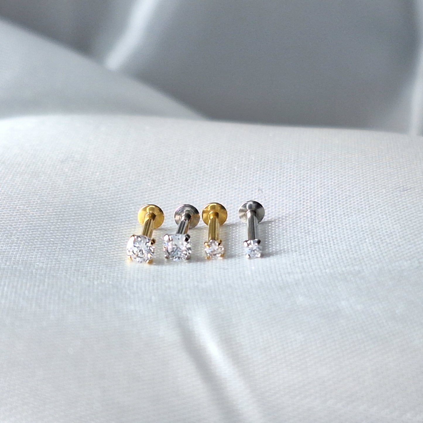 Tiny 2mm or 3mm round Crystal flat backed Labret stud Internally threaded- In 316L Surgical Steel, Gold, Rose Gold.