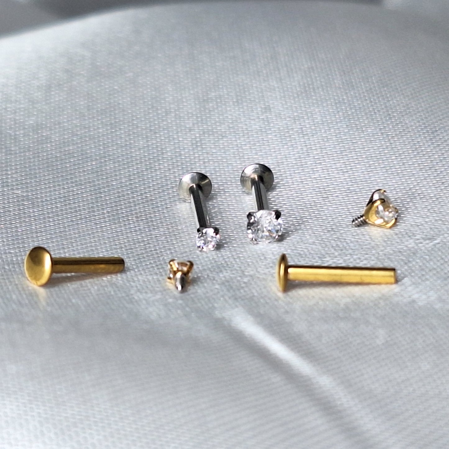 Tiny 2mm or 3mm round Crystal flat backed Labret stud Internally threaded- In 316L Surgical Steel, Gold, Rose Gold.