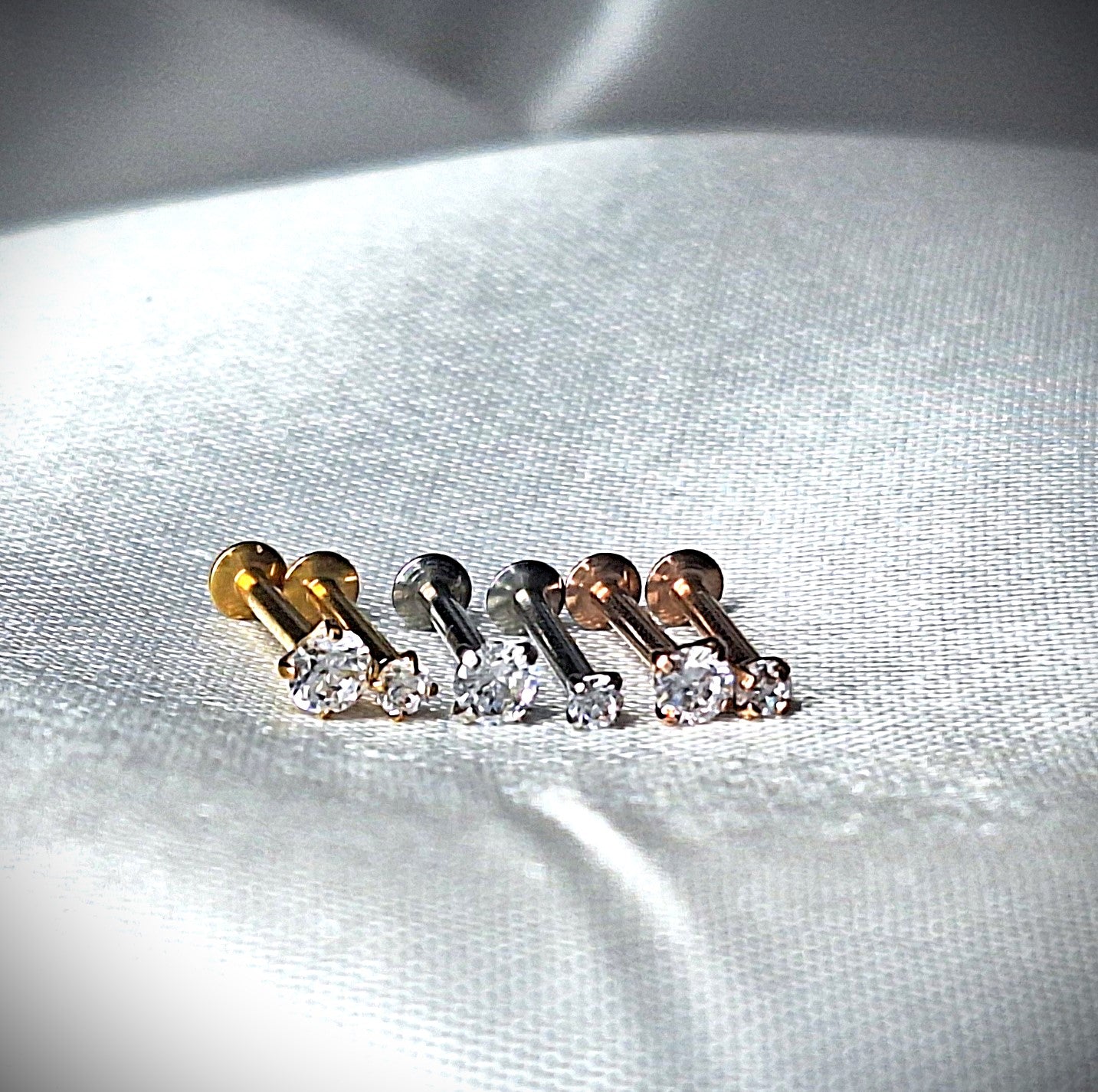 Tiny 2mm or 3mm round Crystal flat backed Labret stud Internally threaded- In 316L Surgical Steel, Gold, Rose Gold.