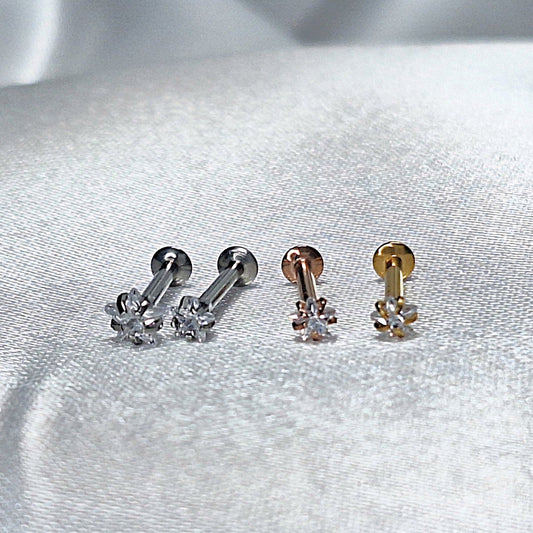 3mm Star, 4mm Star Crystal flat backed Labret stud 16Ga - In PVD Gold, Rose Gold, Internally threaded