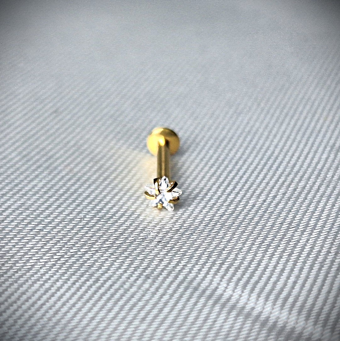 3mm Star, 4mm Star Crystal flat backed Labret stud 16Ga - In PVD Gold, Rose Gold, Internally threaded