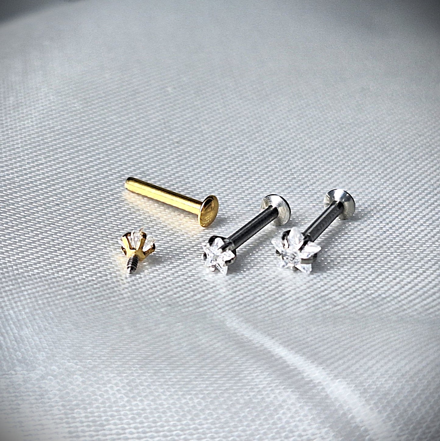 3mm Star, 4mm Star Crystal flat backed Labret stud 16Ga - In PVD Gold, Rose Gold, Internally threaded