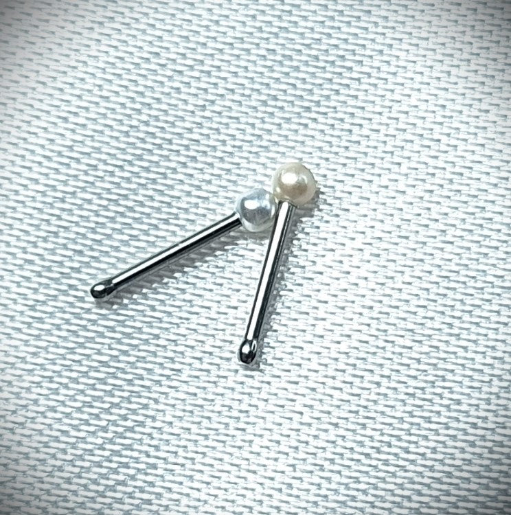 Pack of 2, Tiny 2mm Ball, Pearl Pink and White, Nose Bone Stud 6mm 20Ga 316L Surgical Steel