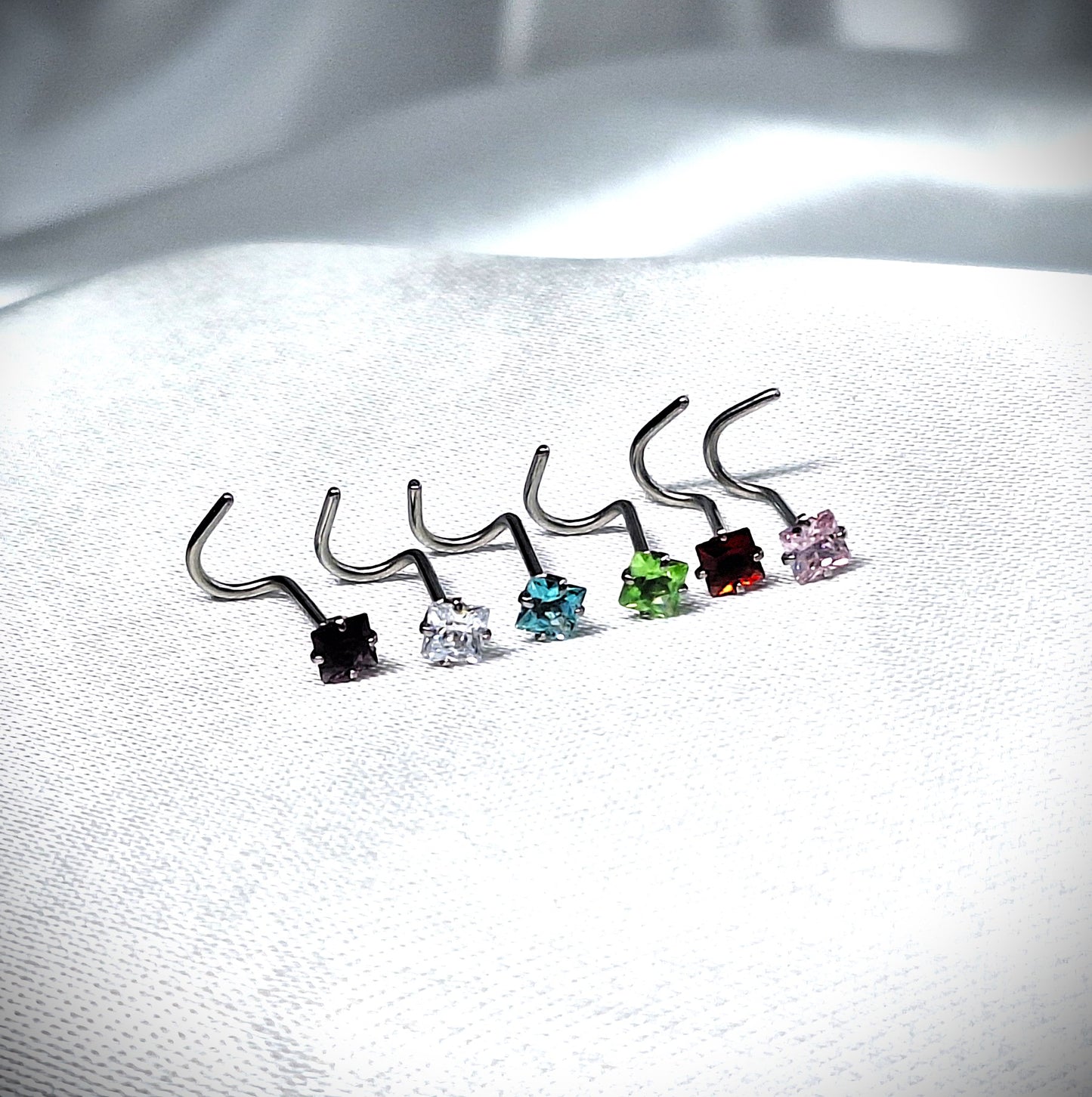 3mm Square Crystal Nose Screw Stud 20Ga, Purple, Red, Pink, Clear, Green, Blue, 316L Surgical Steel