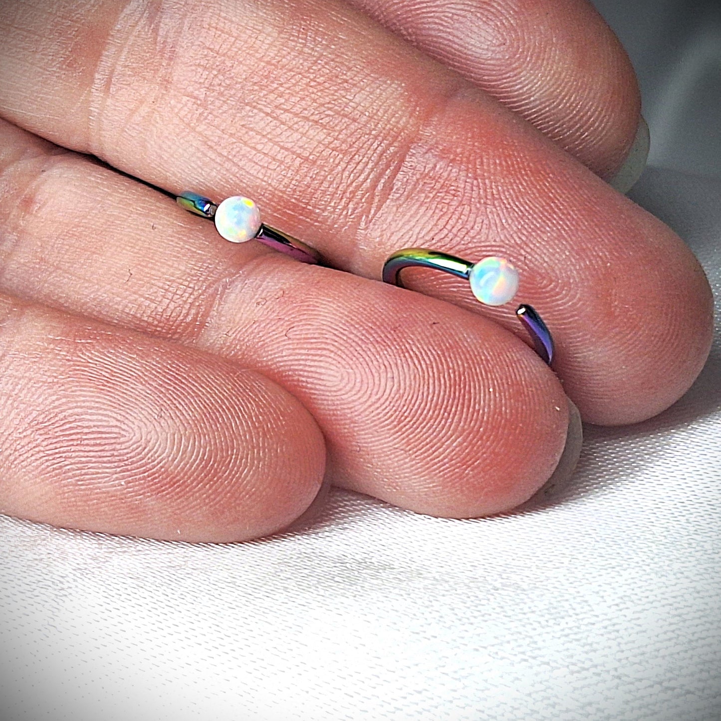 Opal Rainbow Titanium Earring Hoop, Bendable hoop, Septum, Eyebrow, in 8mm, 10mm, 16Ga 316L Surgical Steel