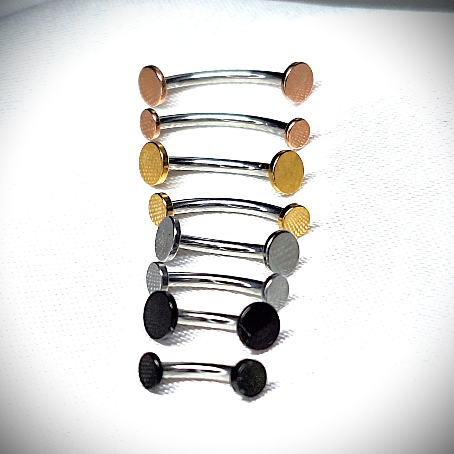 Curved bar with 3mm or 4mm FLAT ROUND Disc, Silver, Rose Gold, Gold, Black Ion plated, 16gauge, 6mm 8mm 10mm 12mm