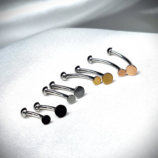 Curved bar with 3mm or 4mm FLAT ROUND Disc, Silver, Rose Gold, Gold, Black Ion plated, 16gauge, 6mm 8mm 10mm 12mm