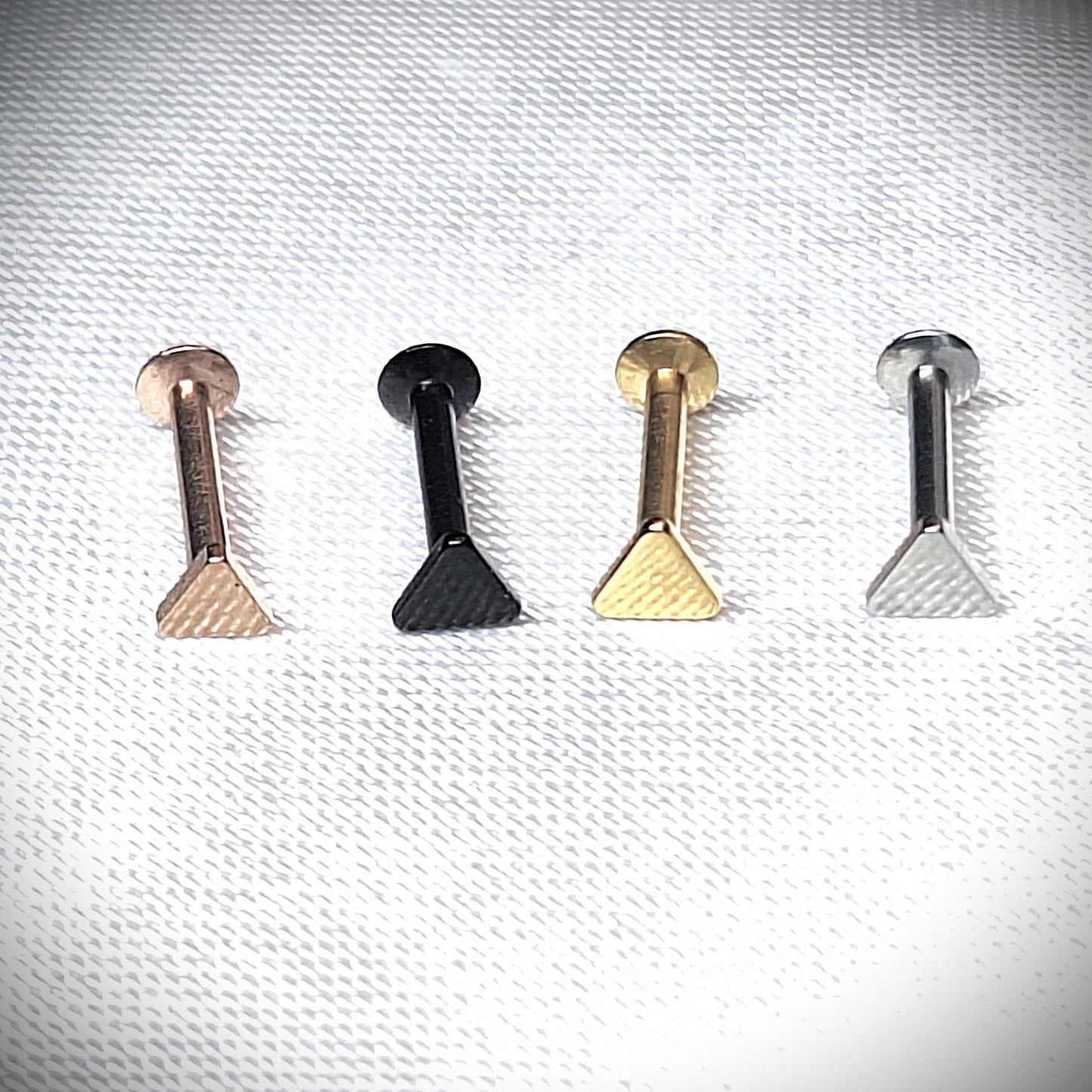 Labret stud with Flat TRIANGLE Top - In Rose Gold, Gold, Black, 316L Surgical Steel, 4mm, 5mm, 6mm, 8mm, 10mm, 11mm, 12mm