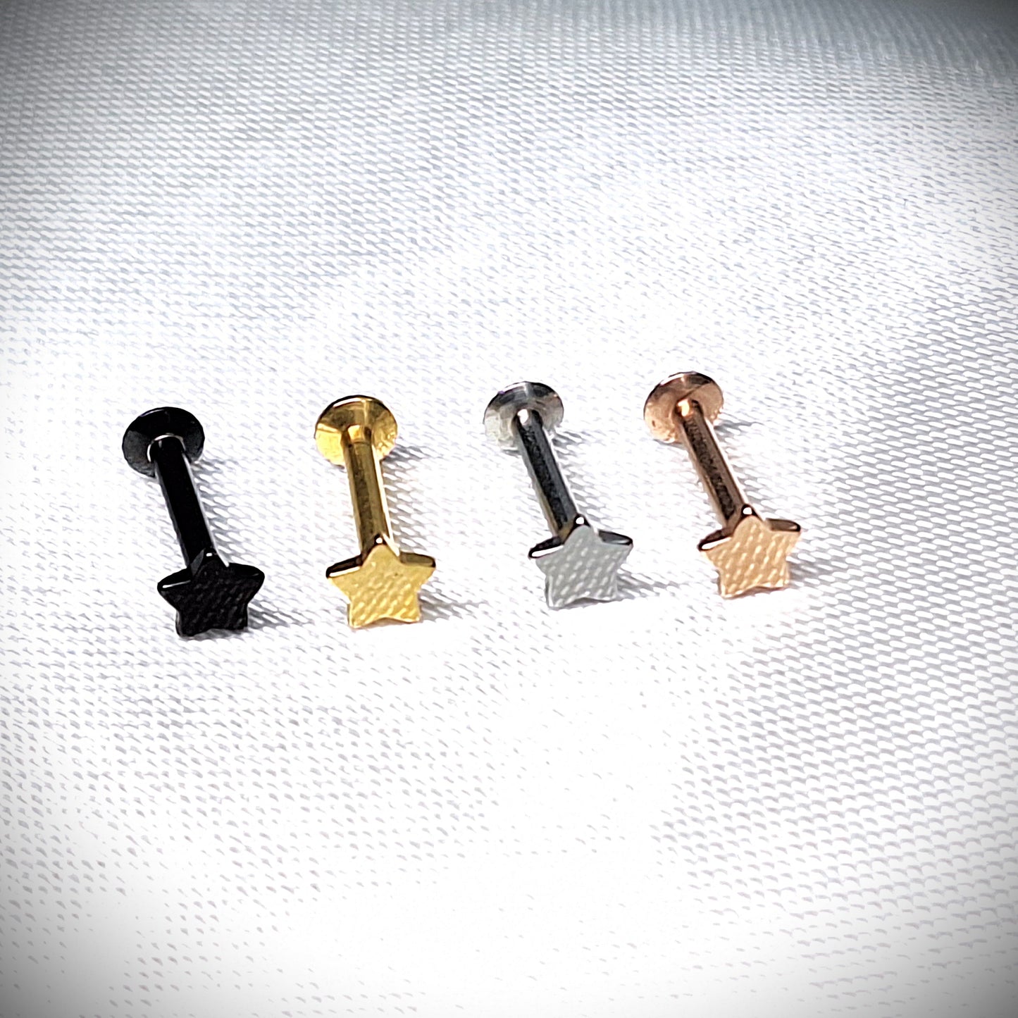 Labret stud with Flat Star Top - In Rose Gold, Gold, Black, 316L Surgical Steel, 4mm, 5mm, 6mm, 8mm, 10mm, 12mm