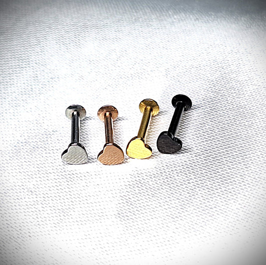 Labret stud with Flat Heart Top - In Rose Gold, Gold, Black, 316L Surgical Steel, 4mm, 5mm, 6mm, 8mm, 10mm, 11mm, 12mm