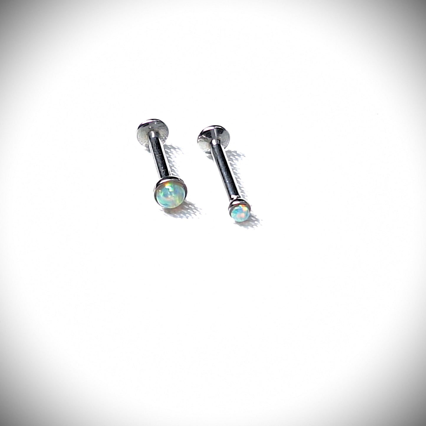 Push in Flat Backed stud with WHITE 2mm or 3mm Opal stone. 5mm, 6mm, 7mm, 8mm, 9mm, 10mm, 11mm, 12mm