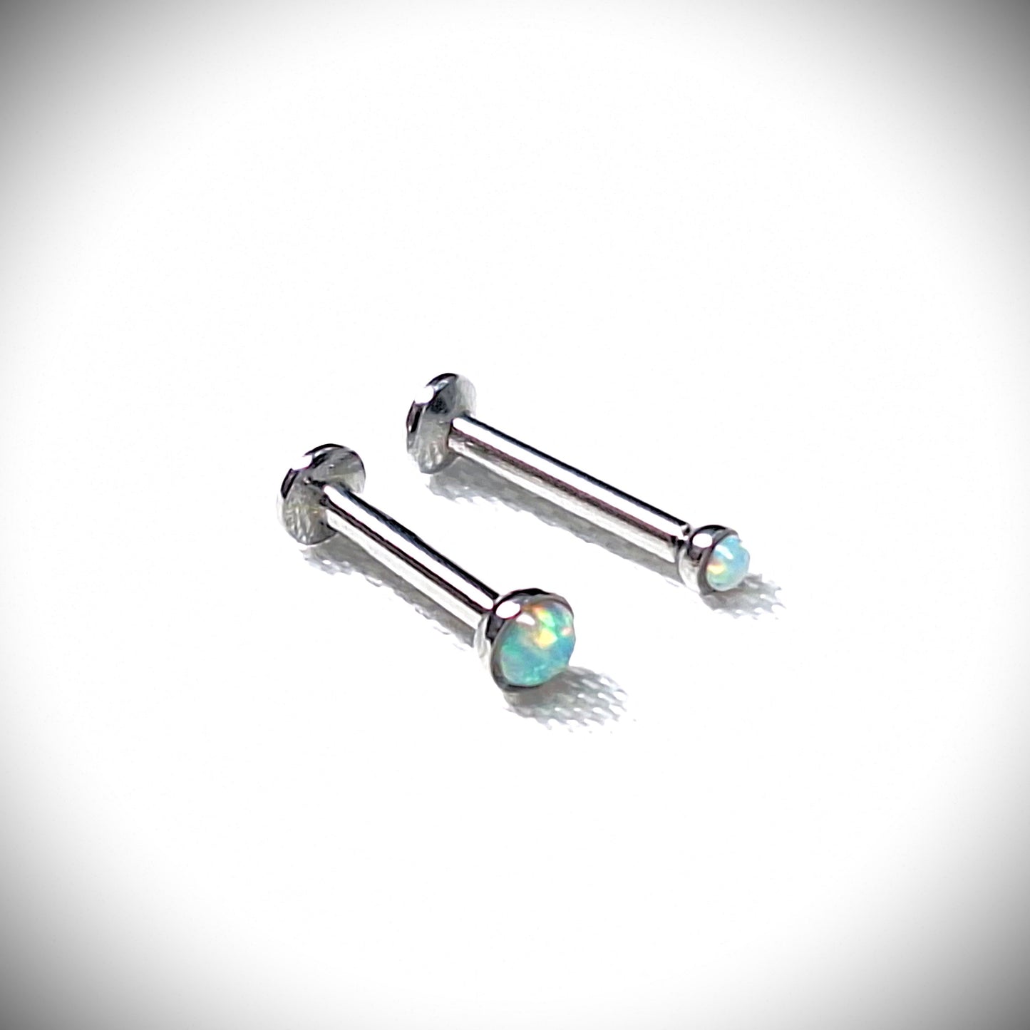 Push in Flat Backed stud with WHITE 2mm or 3mm Opal stone. 5mm, 6mm, 7mm, 8mm, 9mm, 10mm, 11mm, 12mm