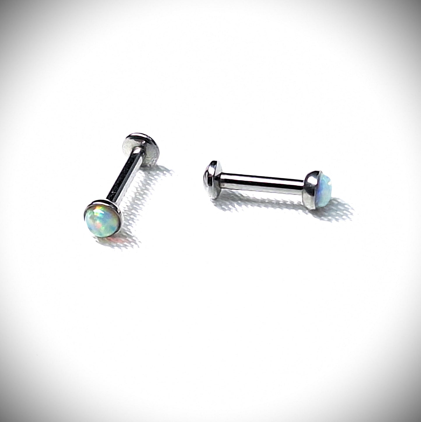 Push in Flat Backed stud with WHITE 2mm or 3mm Opal stone. 5mm, 6mm, 7mm, 8mm, 9mm, 10mm, 11mm, 12mm