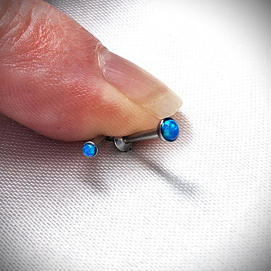 Push in Flat Backed stud with BLUE 2mm or 3mm Opal stone. 5mm, 6mm, 7mm, 8mm, 9mm, 10mm, 11mm, 12mm, 20ga, 18ga, 16ga