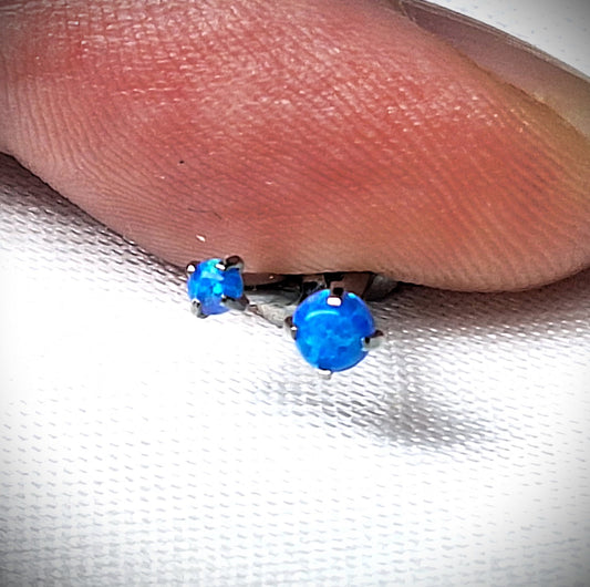 Push in Flat Backed stud with Prong Set BLUE 2mm or 3mm Opal stone. 5mm, 6mm, 7mm, 8mm, 9mm, 10mm 11mm, 12mm 20ga, 18ga, 16ga