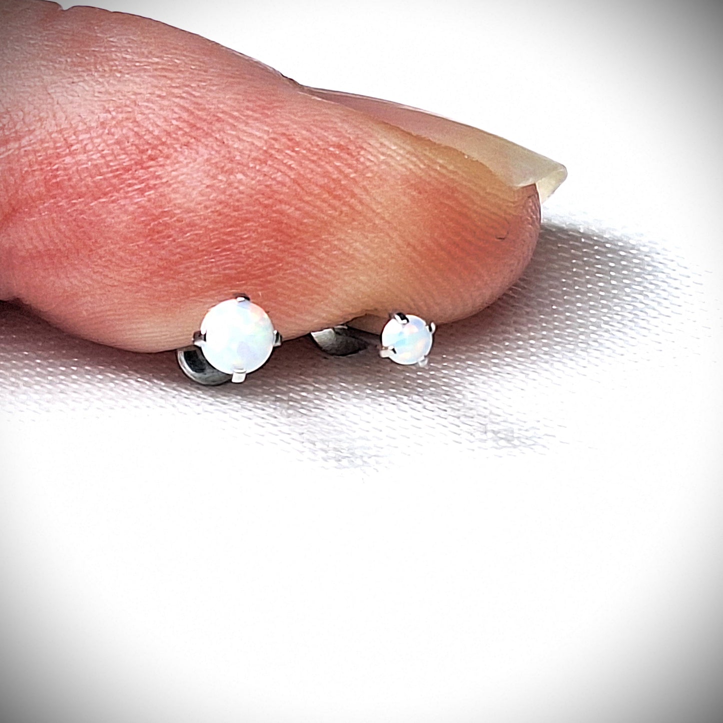 Push in Flat Backed stud with Prong Set WHITE 2mm or 3mm Opal stone. 5mm, 6mm, 7mm, 8mm, 9mm, 10mm, 11mm, 12mm, 20ga, 18ga, 16ga