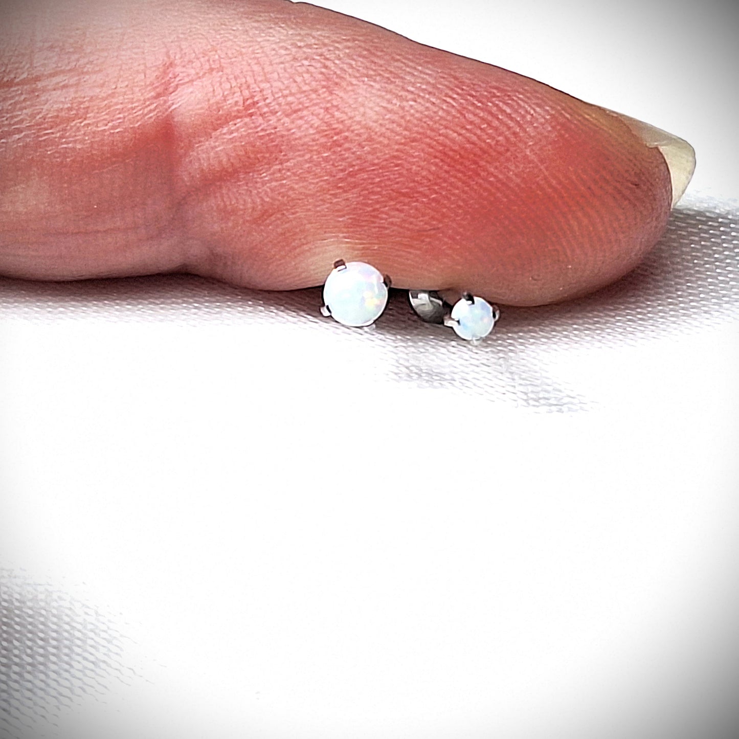 Push in Flat Backed stud with Prong Set WHITE 2mm or 3mm Opal stone. 5mm, 6mm, 7mm, 8mm, 9mm, 10mm, 11mm, 12mm, 20ga, 18ga, 16ga